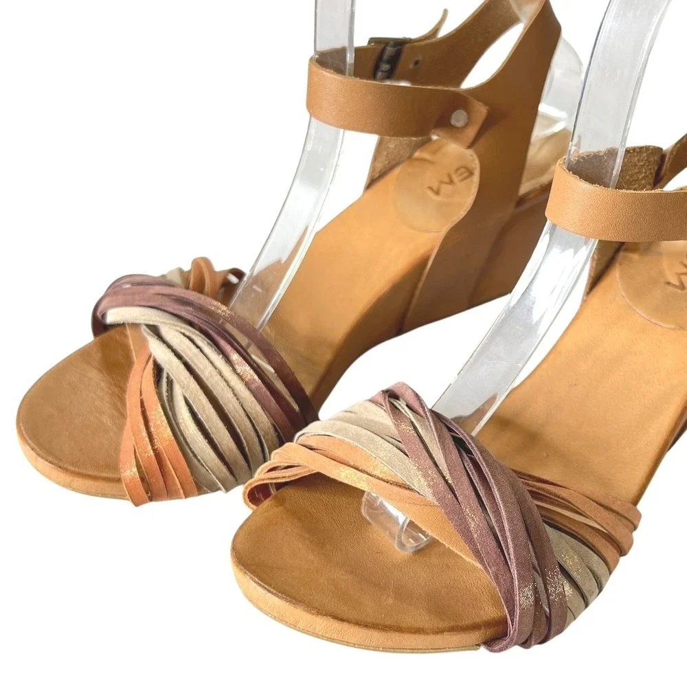 Ethem Wedge Leather Strappy Sandals EU 37 Size 7‎ Tan Multi Boho Open Toe